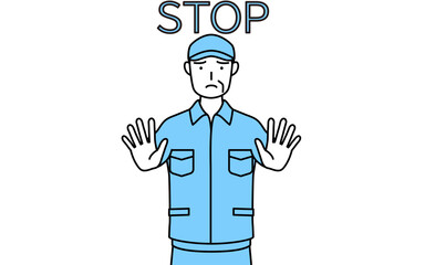 ストップの合図、体の前に手を突き出す帽子と作業着姿のシニア男性（経営者、管理職、上司）