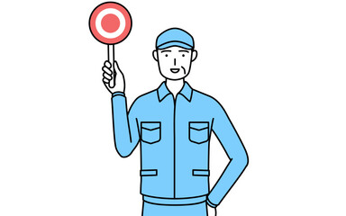 正解を示すマルの棒を持つ帽子と作業着姿のシニア男性（経営者、管理職、上司）