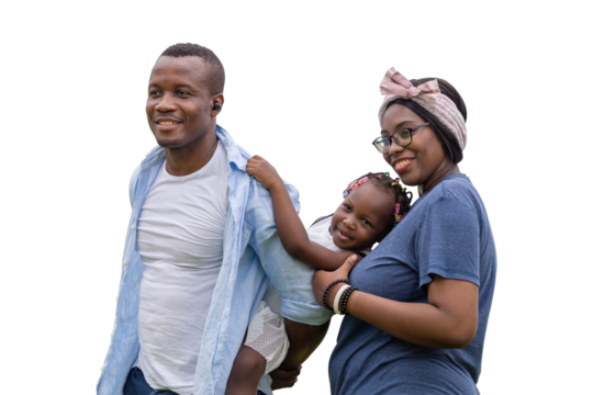 Portrait of a cheerful African American family, father mother, and daughter