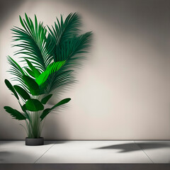  Empty minimal white podium, soft beautiful dappled sunlight, tropical palm leaves shadow on the wall, 3D background