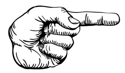 a black and white illustration of a human left hand with the finger pointing or gesturing to the right of the image.