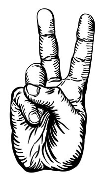 a black and white illustration of the human hand giving the victory salute or peace sign