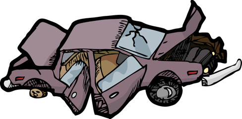 Cartoon of a wrecked automobile with a broken windshield.