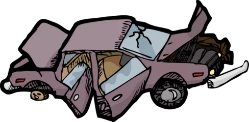 Fotobehang Cartoon of a wrecked automobile with a broken windshield. © Designpics