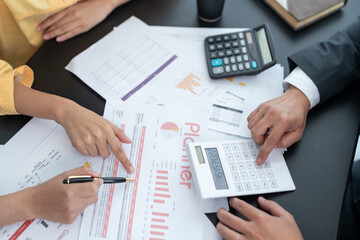 Business group meetings and corporate discussion about last year's review and a new business plan in the office.Talking and planning work happily and have fun. at the company's office