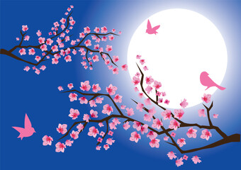 vector illustration of cherry blossom with birds and moon at the background