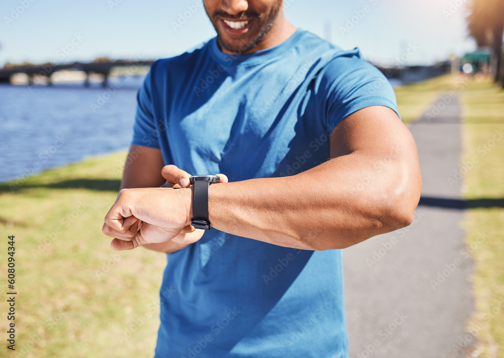 Sticker Fitness, exercise and man with a watch outdoor for training or running progress at park. Smartwatch on arm of happy athlete person in nature with time to workout, start run and check performance goal