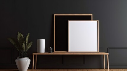 dark wall with empty blank canvas frame mockup minimalist interior, Generative AI