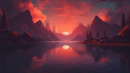 Fototapeta na wymiar Marvelous dusk over the stream. Illustration, AI Generated