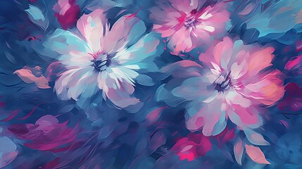 Unpretentiously finished blue and pink pastel painted blossoms dull testy foundation. Illustration, AI Generated - obrazy, fototapety, plakaty