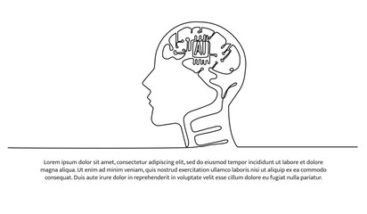 Continuous line design of computer circuit board in human brain. Artificial brain intelligence technology design concept. Decorative elements drawn on a white background.
