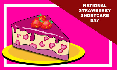 a piece of strawberry cake with strawberry topping on a gold plate with a pink background and bold text commemorating National Strawberry Shortcake Day on June 14
