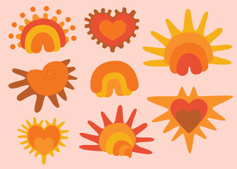 Groovy Hippie 70s set with Suns, Rainbow,  and Shell. Vector Psychedelic Set in Trendy Retro Cartoon Style for Case Phone, Note Cover, Flyer, Cards, Social media Stories.