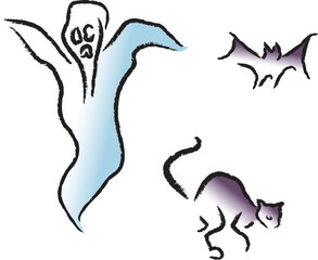 A stylized ghost. cat and bat. Vector images with opaque fills (for use on dark backgrounds).
