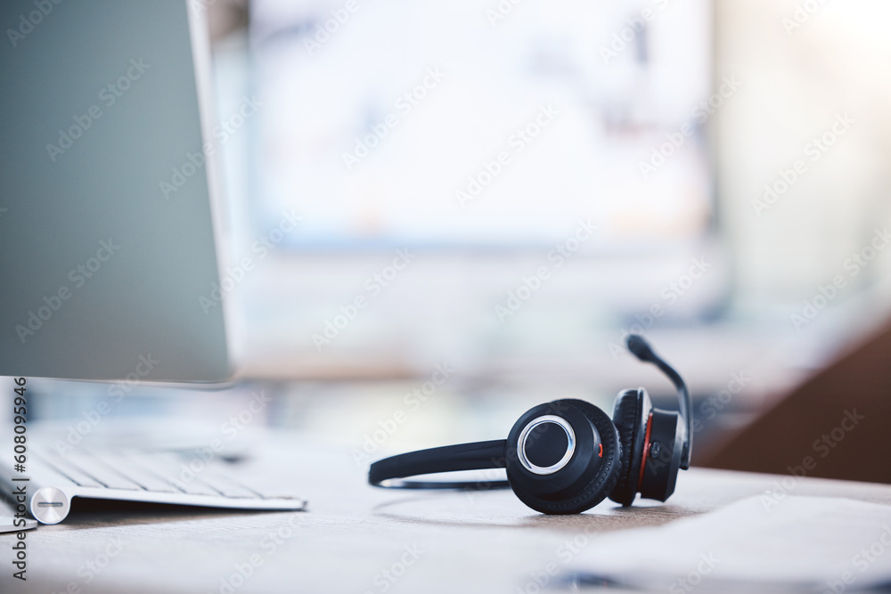 Poster Call center, customer service and headset and computer on a desk in an empty office space. Crm, telemarketing and sales or technical support company with headphones for help desk consultation