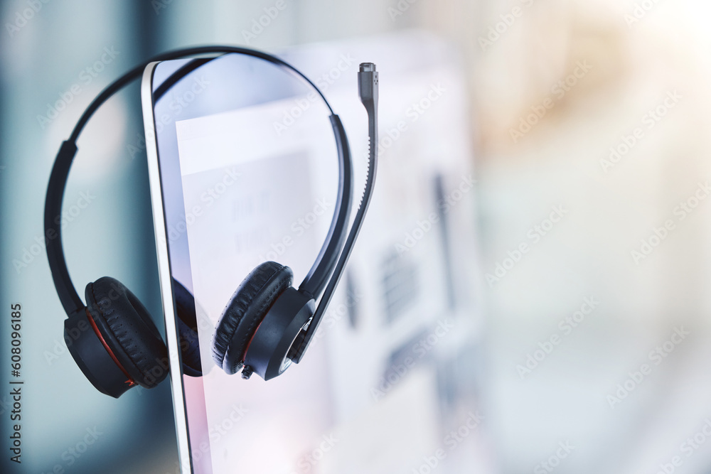 Aufkleber Headset, call center and computer for customer service in an empty office space. Crm, telemarketing and sales or technical support company with headphones and desktop pc for help desk consultation
