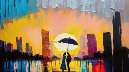 colorful vivid expressive bold and loose brushstrokes painting of romantic nostalgic city street scene with pedestrians with umbrella