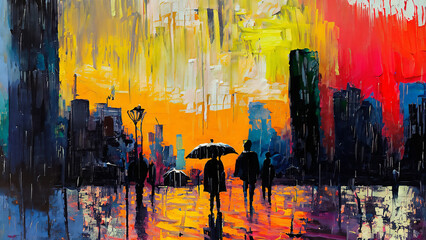 colorful vivid expressive bold and loose brushstrokes painting of abstract colors and shapes - obrazy, fototapety, plakaty