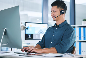 Call center, customer service and a man typing on computer with a headset for contact us communication. Crm, telemarketing and sales or technical support agent or consultant person at pc for advice