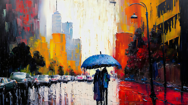 colorful vivid expressive bold and loose brushstrokes painting of romantic nostalgic city street scene with pedestrians with umbrella