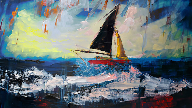 colorful vivid expressive bold and loose brushstrokes painting of boat sailing on sea sunset