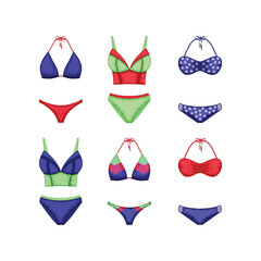 A set of swimsuits.A large set of colorful swimsuits. Separate swimsuit in blue green and red colors. Collection of colored swimsuits. Clothes for a beach holiday. Women s clothing. Vector