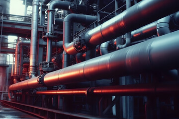 Close-up of pipes and valves at an oil refinery plant. Piping of a factory. Generative AI