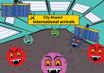 Cartoon vector illustration of a viruses at the airport