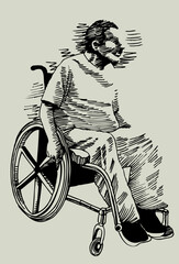Hand drawn sketch of guy in wheelchair.