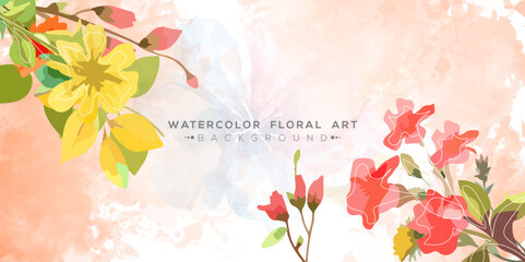 Fototapeta na wymiar Watercolor floral wallpaper design with pink carnation flowers, leaves, Floral art for banners, prints, posters, cover, greetings, wallpaper and invitation card.