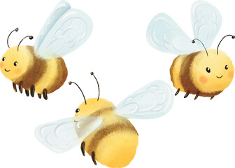 Funny cute black and yellow bee with their wings. Bumblebee, honeybee hand painted isolated Illustration. Digital watercolor hand-drawn style. element of spring, summer. wild insect clip art © Mari Ka