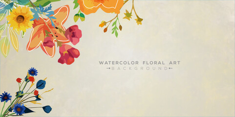 Abstract watercolor gentle flower and leaves background. Watercolor rose flower abstract art on light colors watercolor abstract vector background with green branches and leaves.