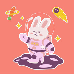 Cute astronaut rabbit sticker vector illustration with star and comet, cosmonaut bunny waving hand, universe planet animals mascot exploring journey floating in spacesuit spaceman costume, funny pet
