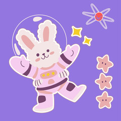 Obraz na płótnie Canvas Cute astronaut rabbit sticker vector illustration with star and comet, cosmonaut bunny waving hand, universe planet animals mascot exploring journey floating in spacesuit spaceman costume, funny pet 