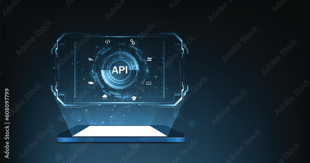 Aufkleber Application Programming Interface (API). Software development tools, information technology, modern technology, internet, and networking concept on dark blue background.	