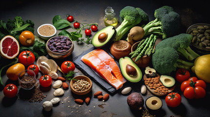 The vibrant essence of Mediterranean cuisine with a stunning wallpaper image that showcases a bountiful assortment of healthy, flavorful ingredients. Healthy food and clean eating. Generative AI. 