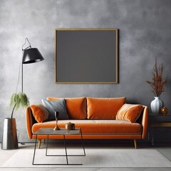 blank poster frame, sitting on top of a sofa, contemporary-style living room
