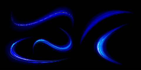 Neon light lines and swirls, speed motion glow effect. Abstract energy flare trails at night. Magic blue flashes, bright shiny spiral streaks isolated on black background, vector realistic set