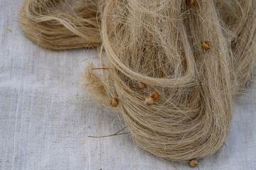 Flax seeds, and flax tow on linen cloth. Natural fabric concept. Copy space. 
