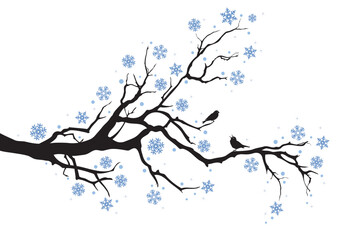 beautiful winter tree with snowflakes and birds, vector background