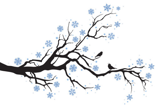 beautiful winter tree with snowflakes and birds, vector background
