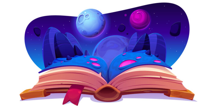Open book with fantasy space landscape on pages isolated on white. Vector cartoon illustration of storybook about alien planet surface, meteorites flying in night sky, cosmic adventure. Reading hobby