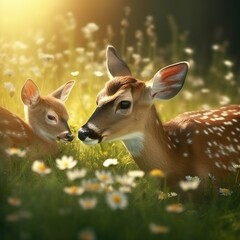 Realistic deer with baby in  nature background made with generative ai technology
