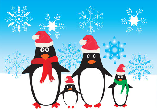 vector illustration of penguins in santa hats