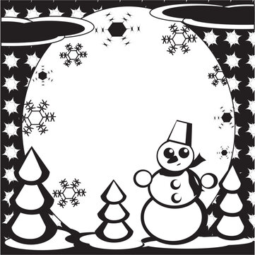 Winter: round  frame with snowman and fir-tree.