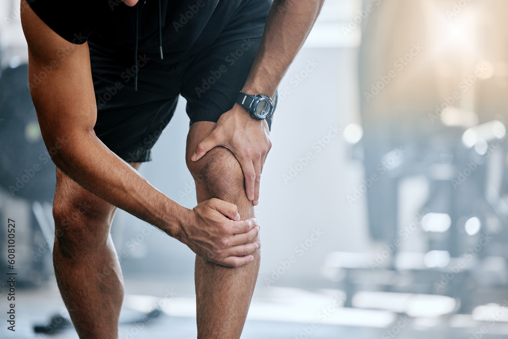 Canvas Prints Fitness, gym and mockup, man with knee pain and medical emergency from workout injury at sports studio. Exercise, health and wellness, bodybuilder with hand on leg muscle ache for relief at training.