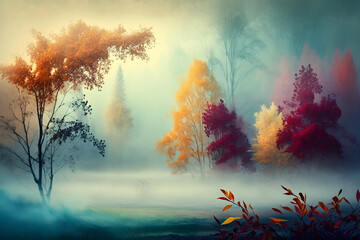 Fototapeta na wymiar misty morning fog and silhouettes of bright colorful autumn trees in the background, Generative AI