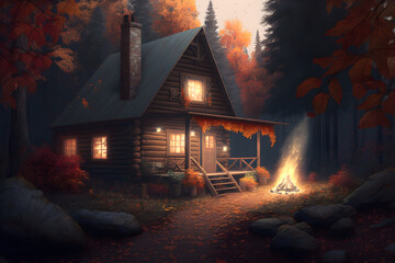 a cozy house with a warm bonfire outside surrounded by autumn forest, Generative AI