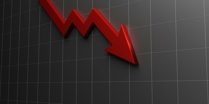 Red 3d arrow down graphic icon sign on decrease economic web background with loss business chart symbol or crisis marketing inflation price low bankrupt investment and sales target economy recession