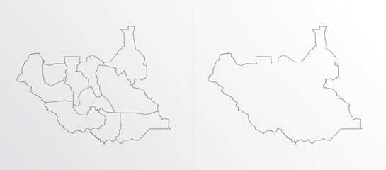 Black Outline vector Map of South Sudan with regions on white background